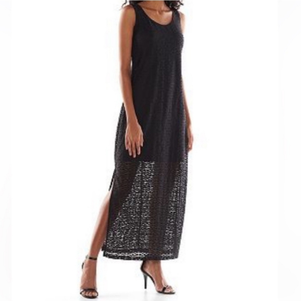 APT. 9 Black Maxi Scoop Neck Dress Lace Overlay Sleeveless Side Slits NWT!